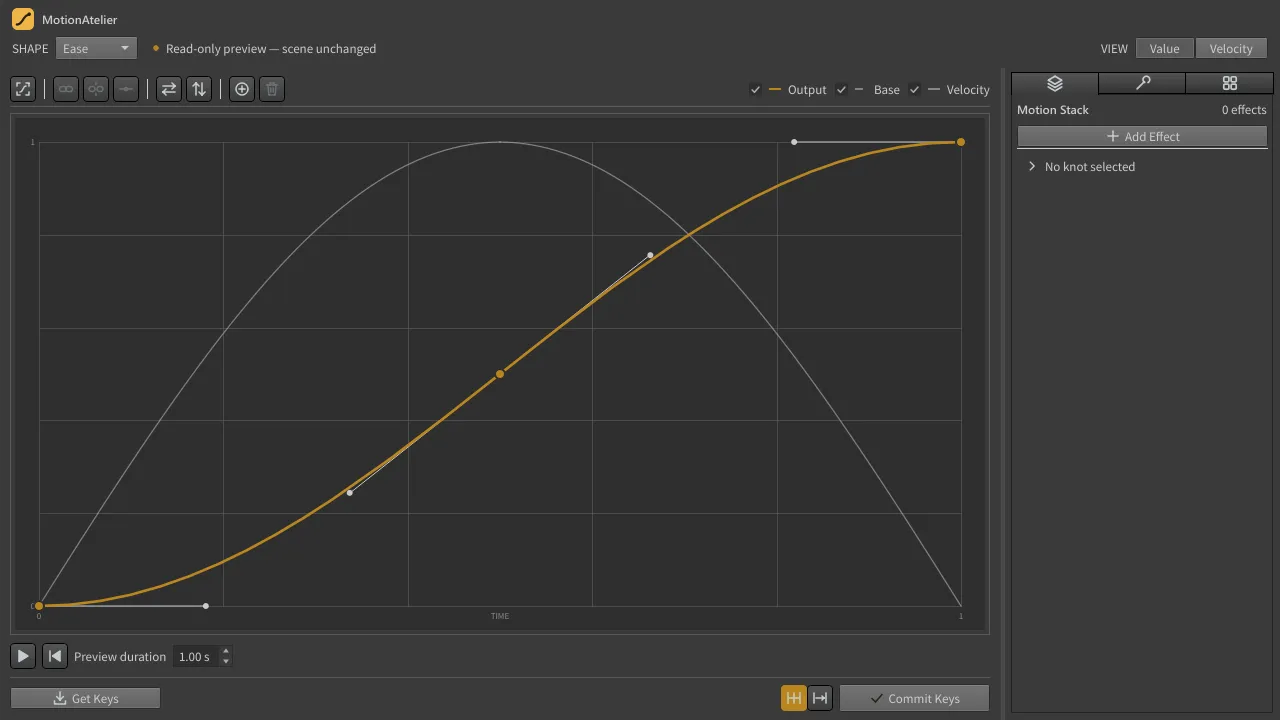 MotionAtelier docked in Houdini: the Ease curve with its handles, the curve toolbar, and the Motion Stack tab on the right.