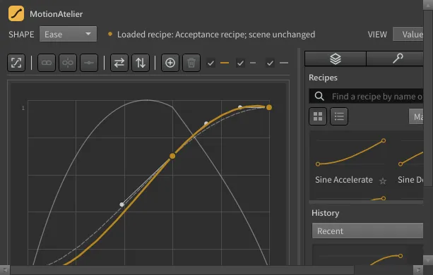 The Recipes tab in Houdini: a search field, view and sort controls, recipe tiles with a favourite star, and the History drawer below.