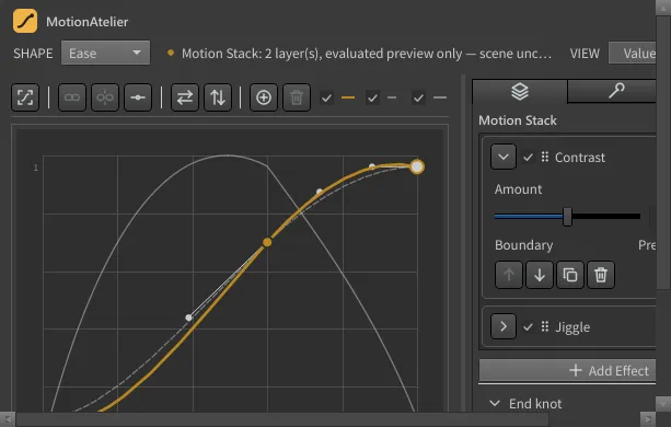 The Motion Stack tab in Houdini with a Contrast layer expanded and a Jiggle layer collapsed. The graph shows the output curve and the dashed base curve.