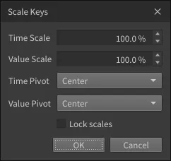 A Key Tools option dialog: Scale Keys with Time Scale, Value Scale, Time Pivot, Value Pivot and Lock scales.