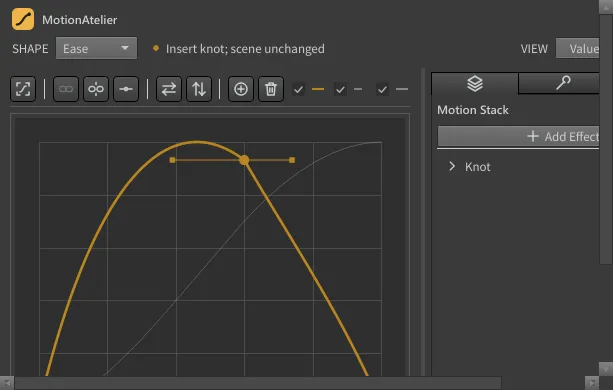 The velocity view in Houdini: the speed curve in amber, the value curve faint behind it, and one knot's speed circle with an influence square on each side.